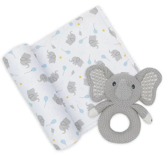 'Mason Elephant' Swaddle & Ring Rattle Gift Set