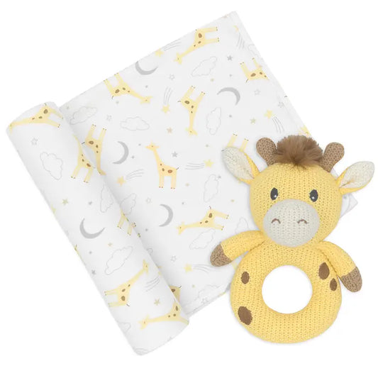 'Noah Giraffe' Swaddle & Ring Rattle Gift Set